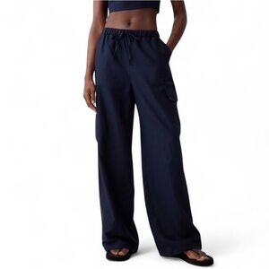 GAP Large Tall Linen Blend Blue Wide Leg Cargo Pull-On Pants Casual Travel